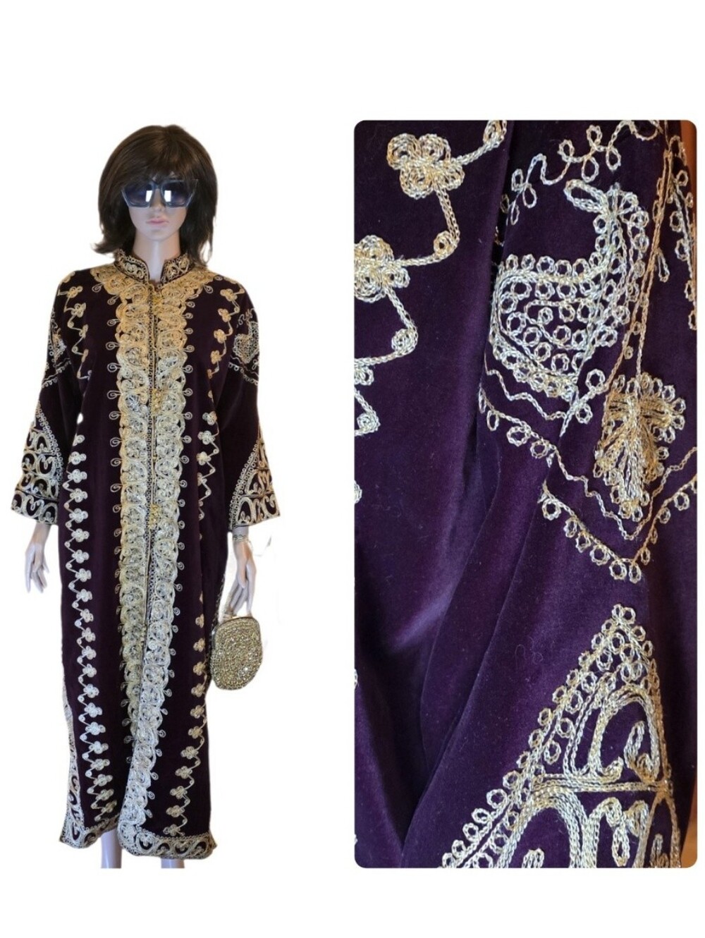 VTG Boho Chic Moroccan Velvet Caftan Gown Burgundy Purple Wine 22" P2P 51"